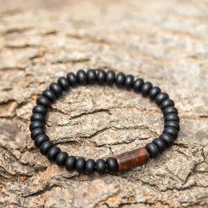 Men’s Black Onyx and Petrified Wood Bracelet • Center Accent • Stretch Bracelet
