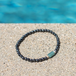 Faceted Hematite and Guatemalan Jade and Silver Bracelet • Focal Point Minimalist Jewelry • Stretch Bracelet for a Gift
