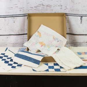 Blue and White Antique and Vintage Quilt Scraps Vintage Linens Bundle Box Lot Red and White