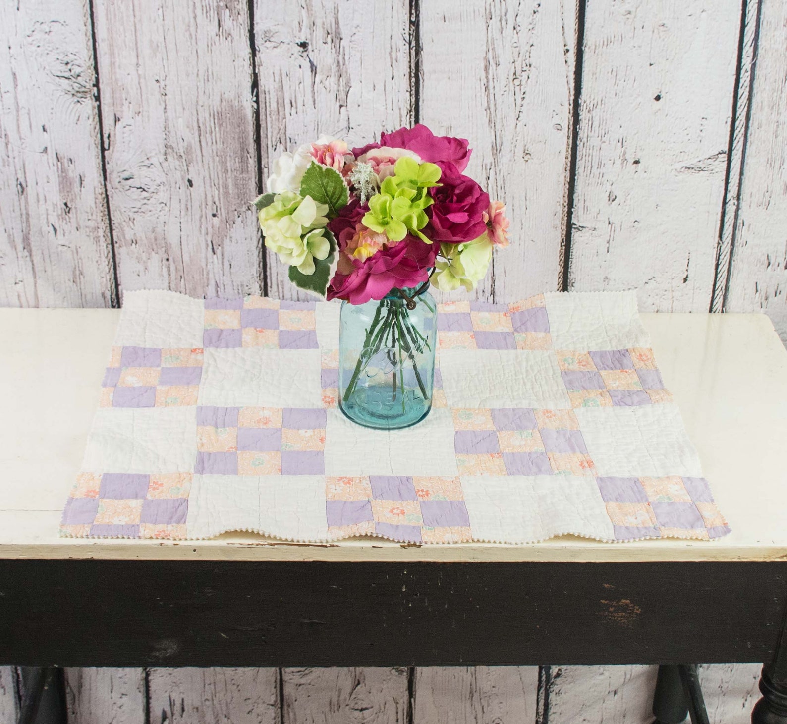 Vintage Antique Quilt Table Runner Purple and Yellow 9 Patch Etsy