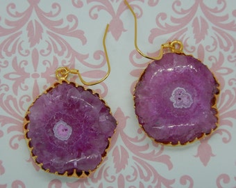 Sparkling Hot Pink Fuchsia polished sliced agate earrings
