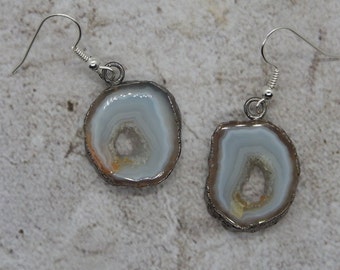 White Agate Quartz Stalactite Slice Dangle Earrings