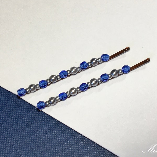Stylish blue silver beaded bobby pin, Royal blue decorative hair grips, silver pearl hair barrettes, small beaded hair grips