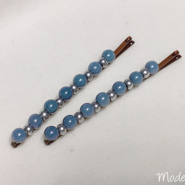 Simple blue silver beaded bobby pin set, stylish pale blue decorative hair grips