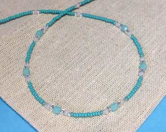Turquoise choker necklace, Turquoise glass beaded necklaces, small beaded choker, summer holiday necklace