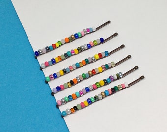 Large multi coloured beaded bobby pin set, fun assorted colours decorative hair grips, random beaded hair clips, bright small beaded hairpin