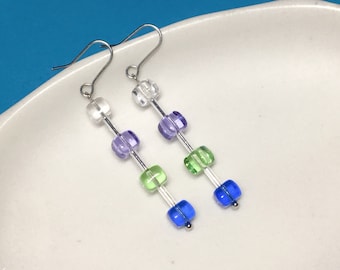 Long beaded dangle earring, Czech glass earrings, blue green drop earrings, multi coloured beaded earrings, Statement dangle earrings