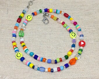 Assorted multi coloured beaded necklace, smiley beaded necklace, fun multi coloured necklace, random necklace, everyday beaded necklace