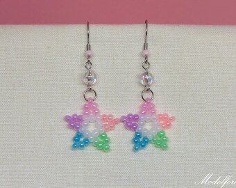 Cute beaded star dangle earrings, pastel rainbow beaded earrings, stainless steel star earrings, rainbow earrings, beaded star drop earrings
