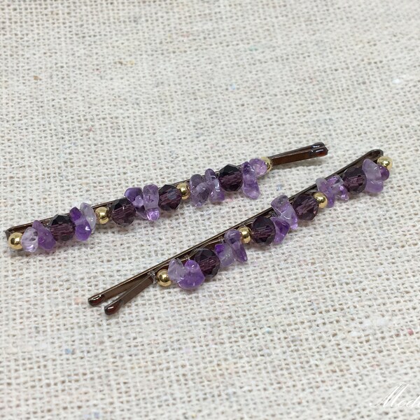 Amethyst beaded bobby pin set, Amethyst decorative hair grips, gifts for purple lover, natural stone hairslides, semi precious beaded slides