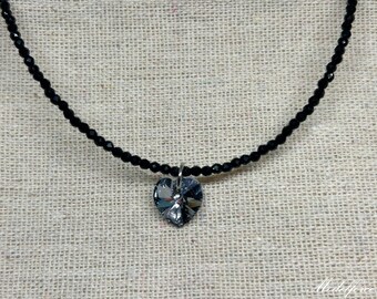 Black dark grey heart crystal beaded necklace, black crystal necklace,  thin choker, simple choker, heart necklace, Austria crystal choker