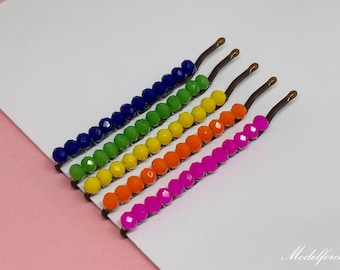 Rainbow Beaded Bobby Pin Set: Crystal Hair Slides, Decorative Hair Grips