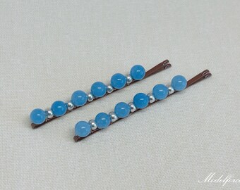 Aquamarine Beaded Bobby Pin Set: Blue Hair Slides (2pcs)