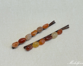 Carnelian Beaded Bobby Pin Set: Natural Stone Hair Clips