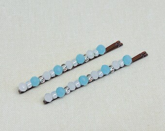 Blue Crystal Beaded Bobby Pins: Sky Blue Hair Accessories (Pair)