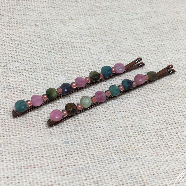 Natural semi precious beaded bobby pin set, Tourmaline hair barrettes, Tourmaline decorative hair grips, gemstone hairslides