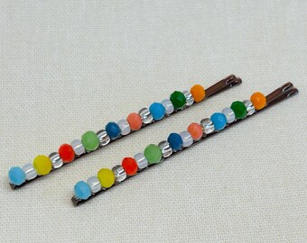 Multi coloured beaded bobby pins, fun colour mixed decorative hair grips, gifts for teen, rainbow crystal hair slides, sweets themed hairpin