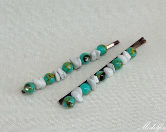 Turquoise Howlite Beaded Bobby Pin Set: Decorative Hair Grips