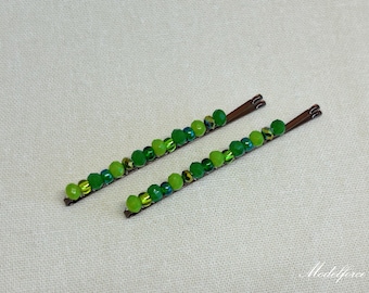 Green Crystal Beaded Bobby Pins: Hair Slides (Pair)