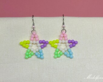 Star beaded earrings, Pastel rainbow star drop earrings, small beaded star dangle earrings, pastel rainbow earrings, earrings for teen girl