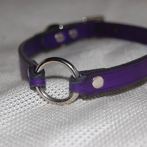May include: A purple leather choker with a silver metal ring. The choker is on a white fabric background.