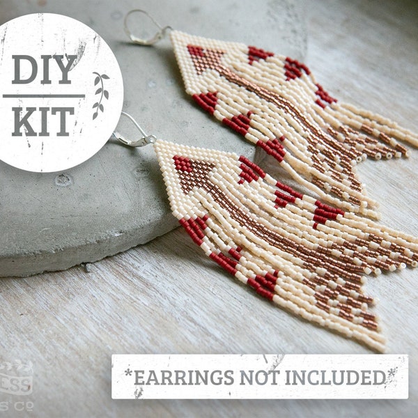 The Arrows DIY Kit | Handwoven Bead Fringe Earrings KIT | Ethnic Pattern in Off White, Burgundy or Black and Copper or Gold KIT