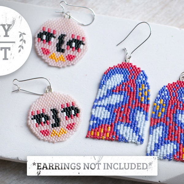 The Basia Flores DIY Kit for Two Pairs | Handwoven Bead Fringe Vibrant Earrings KIT | Pattern in Blue and Red KIT with Instructions |