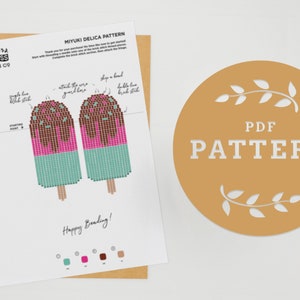 May include: A printable PDF pattern for making beaded popsicle earrings. The pattern includes instructions and a colour key for the beads. The pattern is for use with Miyuki Delica beads.