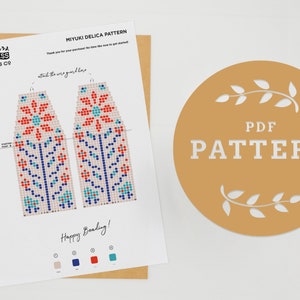 The Scandi Floral Pattern | Bead Fringe Earrings Pattern | Pattern Pink, Blue and Red | PDF Pattern Only