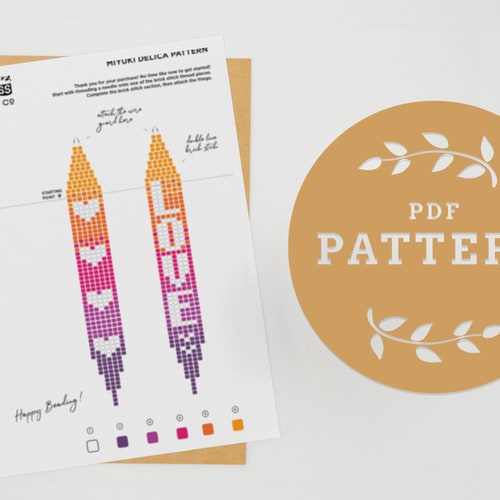 Het 'LIEFDE'-patroon | Patroon kralenoorbellen | Patroon roze, geel en paars | Alleen pdf-patroon