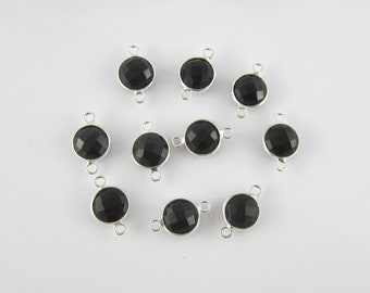 Natural Black Onyx Chalcedony Gemstone Connector, Handmade Jewelry, Round Shape, 92.5 Sterling Silver, Briolettes Double Loop Bezel Set Link