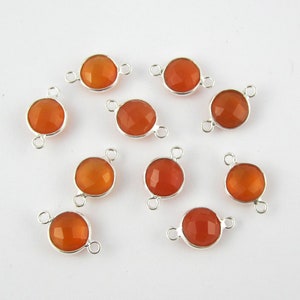 Natural Carnelian Chalcedony Gemstone Connector, Round Handmade Jewelry, Bezel Set Link 92.5 Sterling Silver,Briolette Double Loop Connector