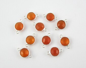 Natural Carnelian Chalcedony Gemstone Connector, Round Handmade Jewelry, Bezel Set Link 92.5 Sterling Silver,Briolette Double Loop Connector