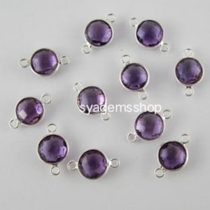 Naturlig lila ametist briolet-koppling, rund 92,5 sterlingsilver, enkel och dubbel ögla, bezel-länk, handgjorda berlocker