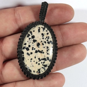 1 Pcs, Dalmatian Jasper Macrame Pendant Cabochon, Natural Dalmatian Gemstone, Oval Designer Jasper Pendant,44x31 mm, Christmas Gifts Pendant