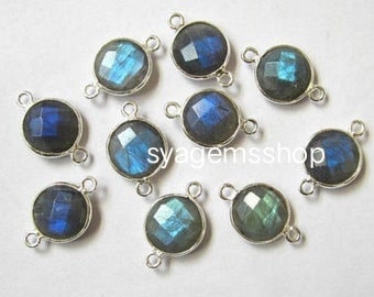 Natural Labradorite Connector Multi Flashy Round, 92.5 Sterling Silver Briolettes, Single Loop, Double Loop, Bezel Set Link Handmade Jewelry