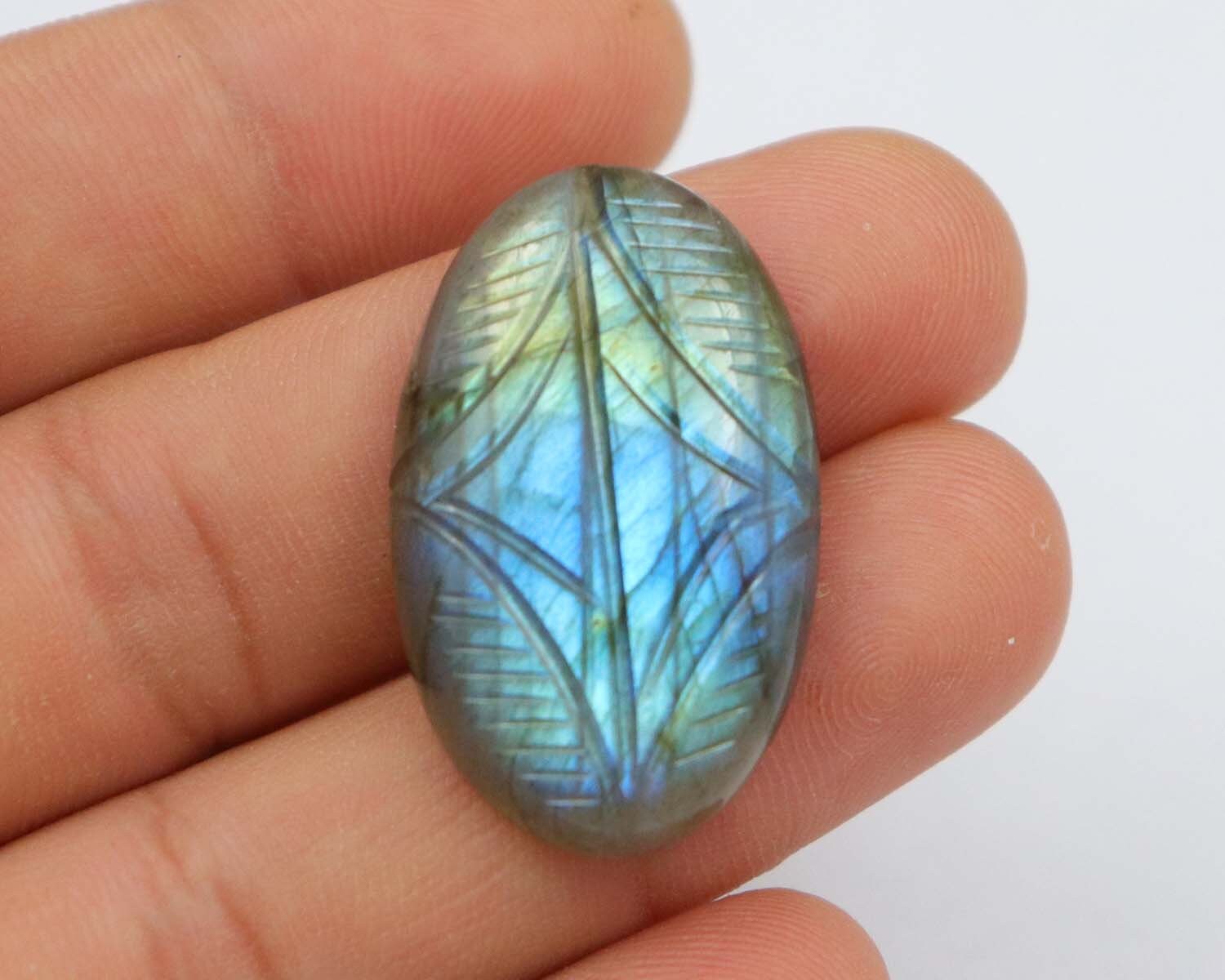 Natural Labradorite Carved Christmas Gift Amazing Labradorite Carving Gemstone 42.2 Carat Oval Shape Carving Cabochon For Jewelry