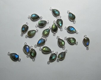 10 Pcs, Natural Labradorite Multi Flashy Pear Connector Gemstone, 92.5 Sterling Silver Briolette Double Loop, Labradorite Handmade Jewelry