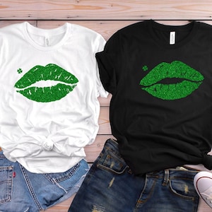 ST. PATRICK&#39;S Day Glitter Vinyl T-Shirt - Unisex  Bella+Canvas - Green Black White - Irish - Clover - Beauty Mark - Makeup - Kiss Me