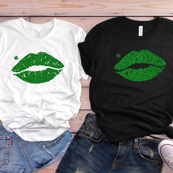Maglietta con labbra glitterate per il giorno di San Patrizio – Maglietta con trifoglio Green Kiss