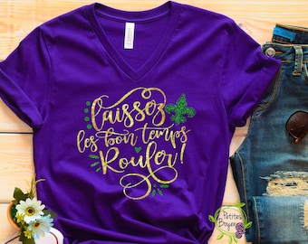 Mardi Gras Glitter V-Neck Shirt, Laissez Les Bon Temps Rouler, Fleur De Lis