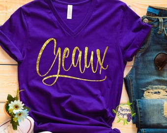 Geaux Louisiana Football Shirt GLITTER Vneck Tigers Game Day Shirt Bella + Canvas Unisex Football Baseball Basketball Softball Volleyball