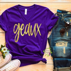 Louisiana Football Shirt GLITTER Vneck - Geaux - Tigers Game Day Shirt -  Bella + Canvas Unisex - Football, Baseball, Basketball