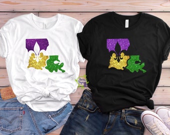 GLITTER Mardi Gras Shirt, Louisiana Fleur De Lis, Glitter Vinyl, Soft Unisex V Neck Bella+Canvas Purple Green Gold, Louisiana