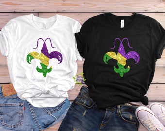 GLITTER Mardi Gras Shirt, Crawfish, Fleur De Lis, Glitter Vinyl, Soft Unisex V Neck Bella+Canvas Purple Green Gold, Louisiana