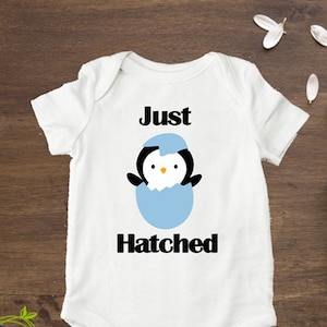 JUST HATCHED Penguin Onesie - Pink or Blue Baby Onesie - Newborn - Going Home Outfit - Custom Baby Clothes - Long Sleeved Onesie or Short