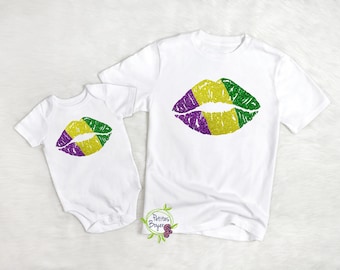 Mardi Gras Shirt Kiss Lips Glitter Vinyl, Purple Green Gold, Infant Toddler Youth Mardi Gras Shirt, Louisiana
