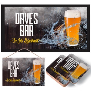 Personalised Beer Bar - Mat, Coasters & Sign - Runner, Garden, Home, Ice Cold