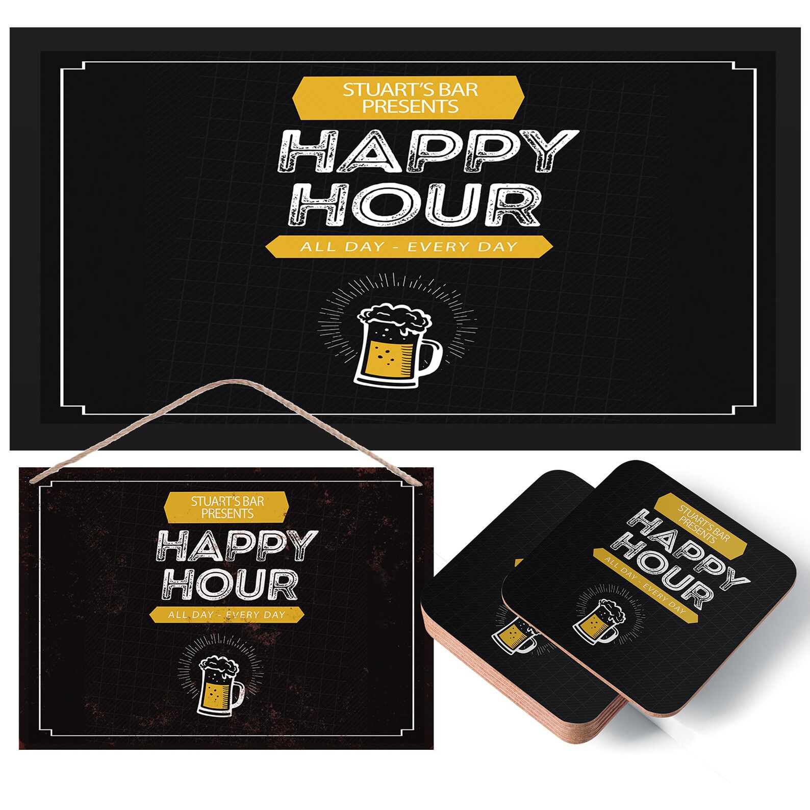 Personalised Happy Hour Beer Mat, Coasters & Sign Runner, Garden, Home