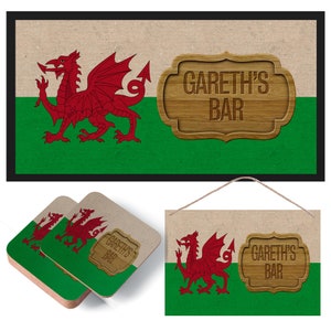 Personalised Wales Flag  - Beer Mat, Coasters & Sign - Bar Runner, Welsh, Dragon